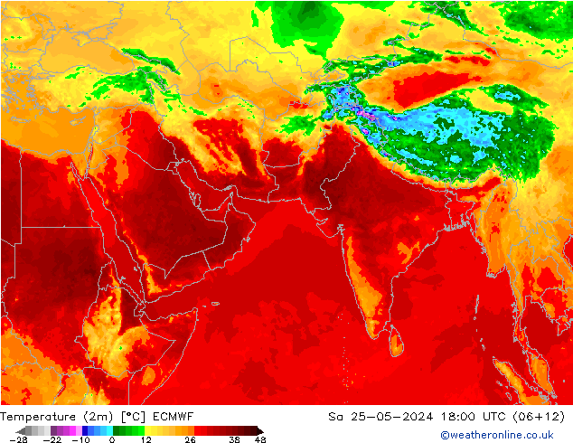 mapa temperatury (2m) ECMWF so. 25.05.2024 18 UTC