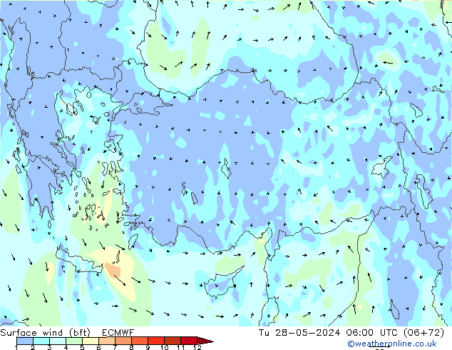 wiatr 10 m (bft) ECMWF wto. 28.05.2024 06 UTC