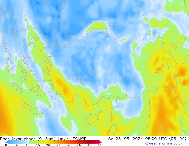 Deep layer shear (0-6km) ECMWF Sa 25.05.2024 06 UTC