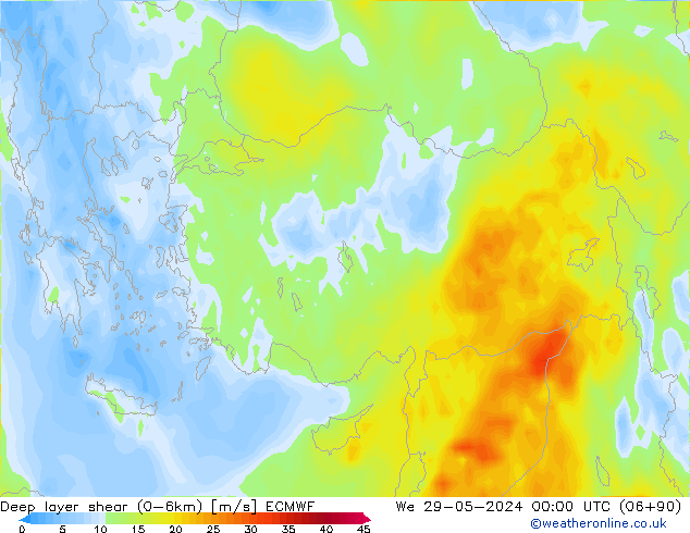 Deep layer shear (0-6km) ECMWF mer 29.05.2024 00 UTC