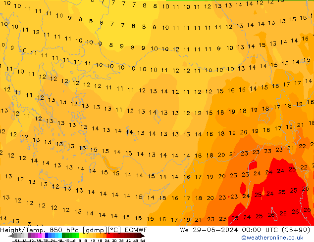 Géop./Temp. 850 hPa ECMWF mer 29.05.2024 00 UTC