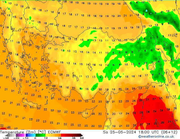 Temperature (2m) ECMWF Sa 25.05.2024 18 UTC