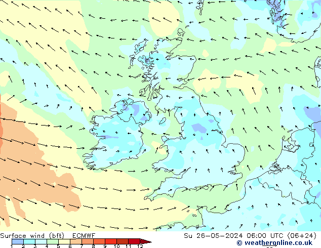 Wind 10 m (bft) ECMWF zo 26.05.2024 06 UTC