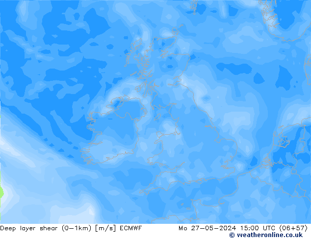 Deep layer shear (0-1km) ECMWF Mo 27.05.2024 15 UTC