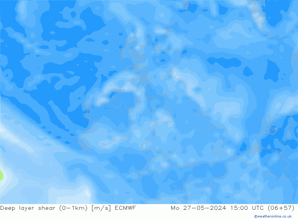 Deep layer shear (0-1km) ECMWF Po 27.05.2024 15 UTC