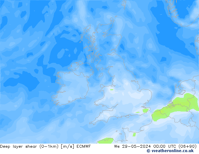 Deep layer shear (0-1km) ECMWF We 29.05.2024 00 UTC