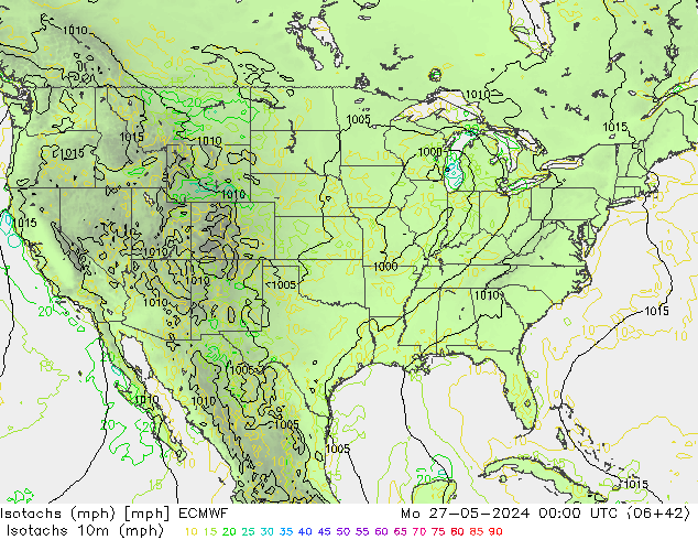 Isotachs (mph) ECMWF  27.05.2024 00 UTC