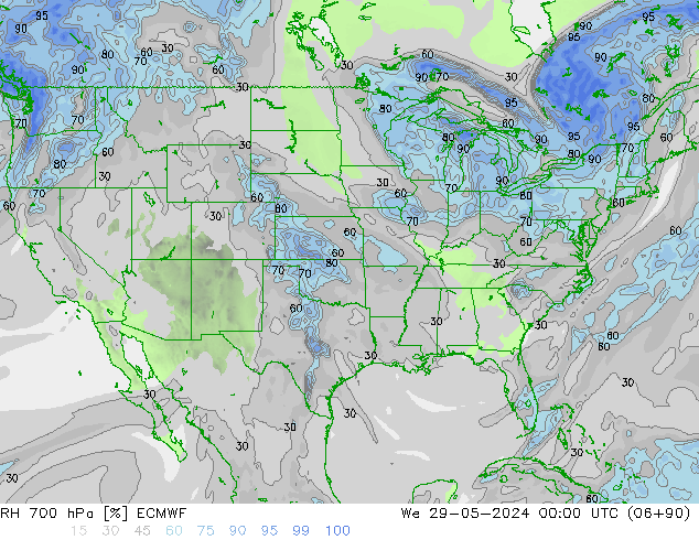 Humedad rel. 700hPa ECMWF mié 29.05.2024 00 UTC