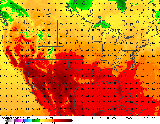 Temperatura (2m) ECMWF mar 28.05.2024 00 UTC