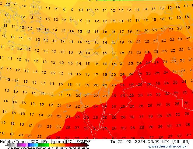 Geop./Temp. 850 hPa ECMWF mar 28.05.2024 00 UTC