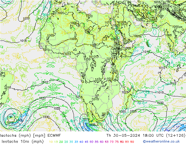 Isotachs (mph) ECMWF Th 30.05.2024 18 UTC