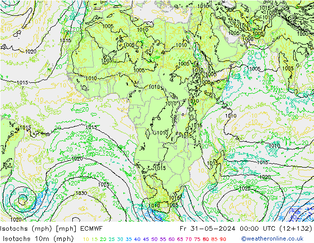 Isotachs (mph) ECMWF Pá 31.05.2024 00 UTC