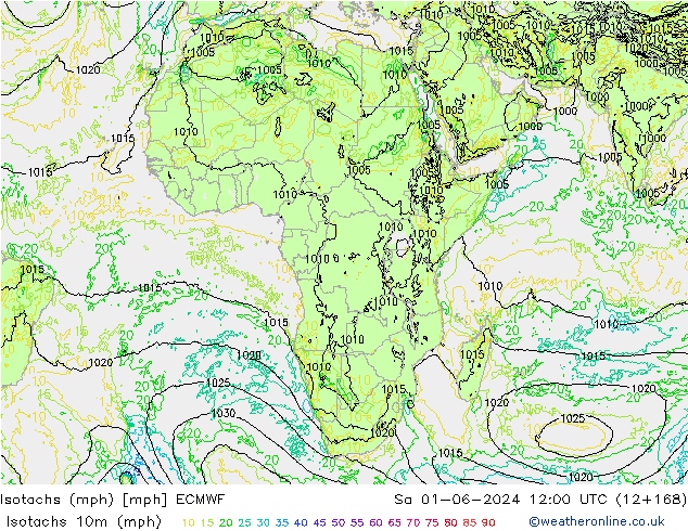 Isotachs (mph) ECMWF сб 01.06.2024 12 UTC