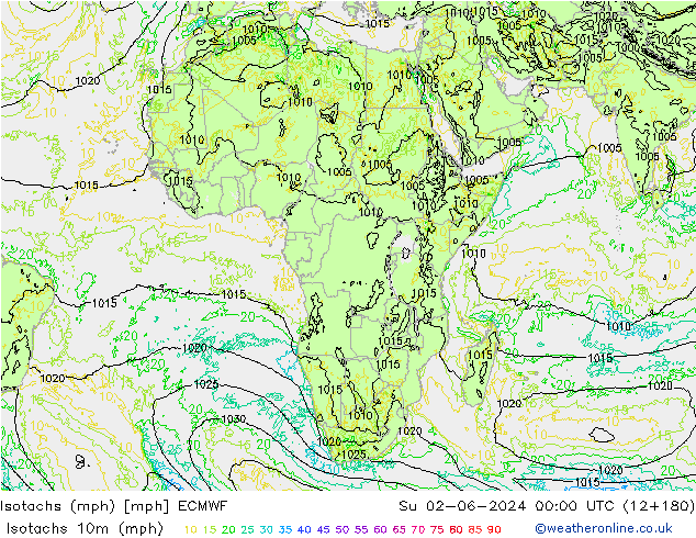 Isotachen (mph) ECMWF So 02.06.2024 00 UTC