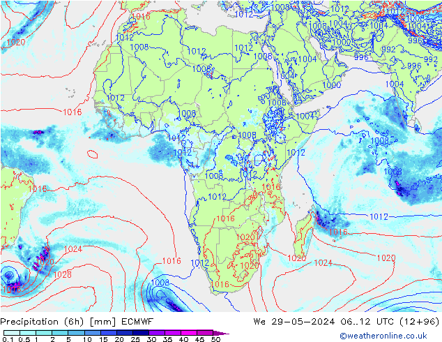 Z500/Rain (+SLP)/Z850 ECMWF mer 29.05.2024 12 UTC