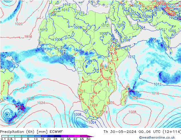 Precipitation (6h) ECMWF Th 30.05.2024 06 UTC