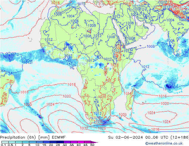 Precipitation (6h) ECMWF Su 02.06.2024 06 UTC