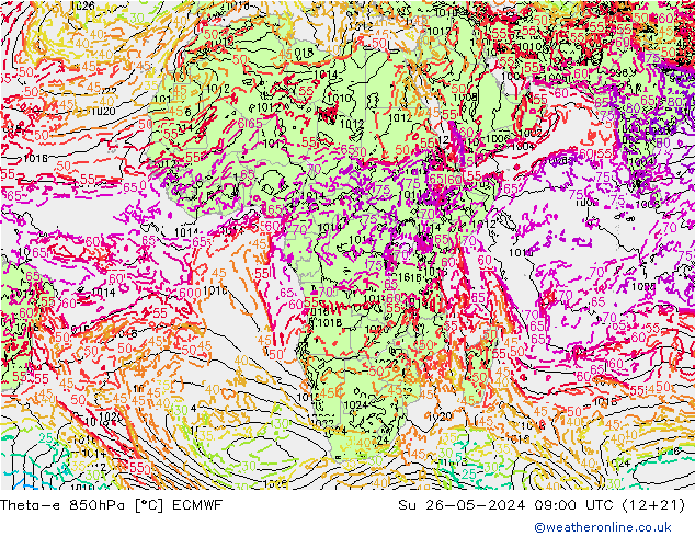 Theta-e 850hPa ECMWF zo 26.05.2024 09 UTC