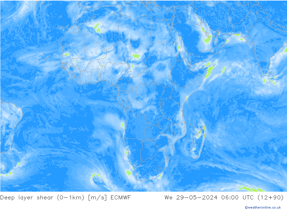 Deep layer shear (0-1km) ECMWF We 29.05.2024 06 UTC