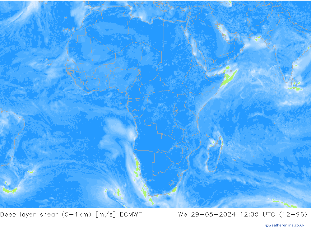 Deep layer shear (0-1km) ECMWF Çar 29.05.2024 12 UTC