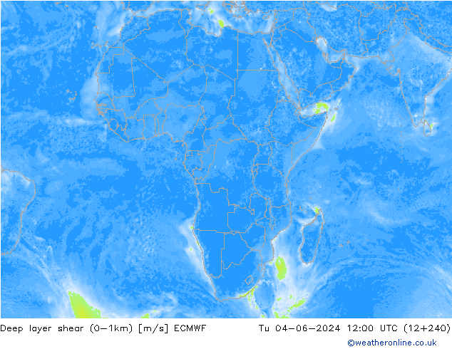 Deep layer shear (0-1km) ECMWF Tu 04.06.2024 12 UTC