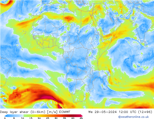 Deep layer shear (0-6km) ECMWF  29.05.2024 12 UTC