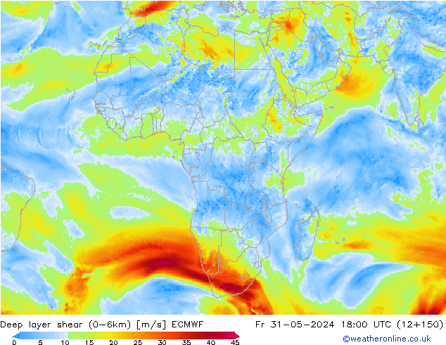 Deep layer shear (0-6km) ECMWF vr 31.05.2024 18 UTC