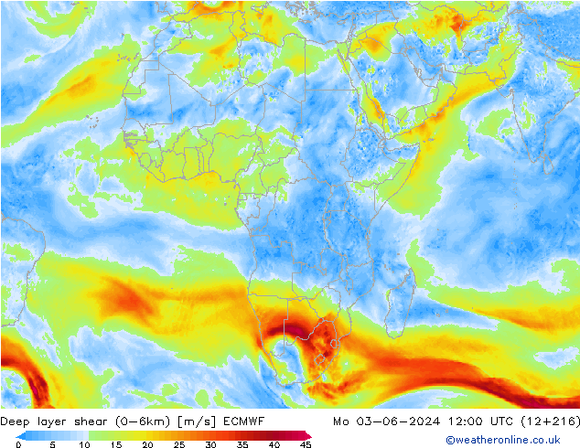 Deep layer shear (0-6km) ECMWF Pzt 03.06.2024 12 UTC