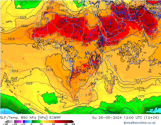 SLP/Temp. 850 гПа ECMWF Вс 26.05.2024 12 UTC