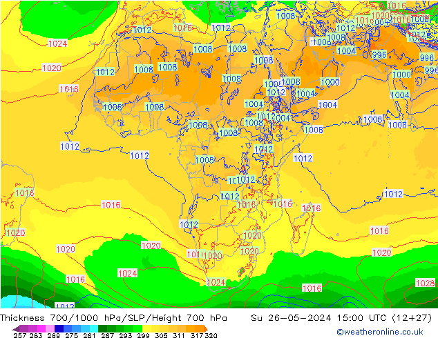 700-1000 hPa Kalınlığı ECMWF Paz 26.05.2024 15 UTC