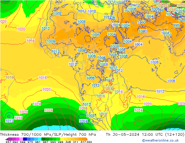 Thck 700-1000 hPa ECMWF Th 30.05.2024 12 UTC