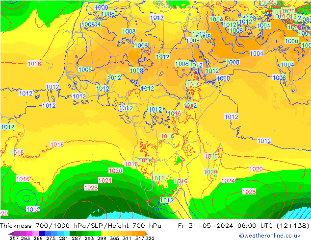 Thck 700-1000 гПа ECMWF пт 31.05.2024 06 UTC