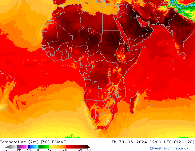 Temperatura (2m) ECMWF Qui 30.05.2024 12 UTC