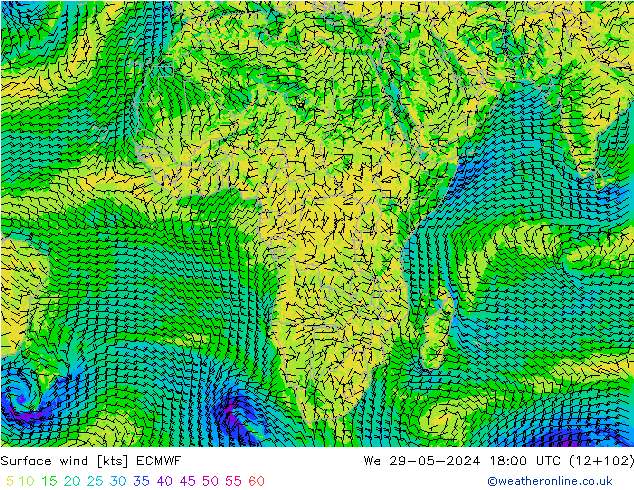 Vent 10 m ECMWF mer 29.05.2024 18 UTC