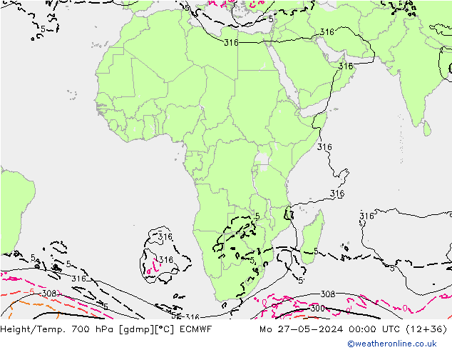 Height/Temp. 700 hPa ECMWF Mo 27.05.2024 00 UTC