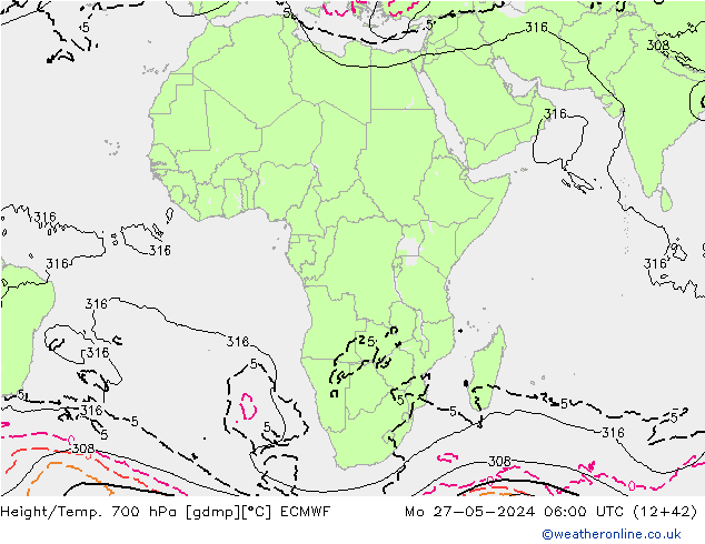 Height/Temp. 700 hPa ECMWF lun 27.05.2024 06 UTC