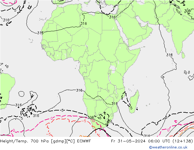 Height/Temp. 700 hPa ECMWF Fr 31.05.2024 06 UTC