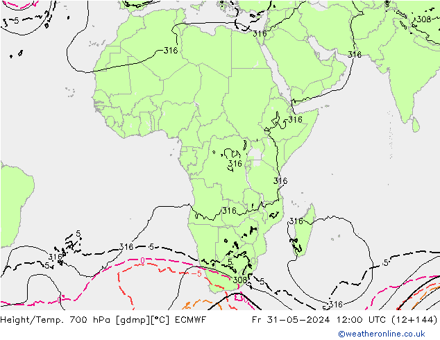 Hoogte/Temp. 700 hPa ECMWF vr 31.05.2024 12 UTC