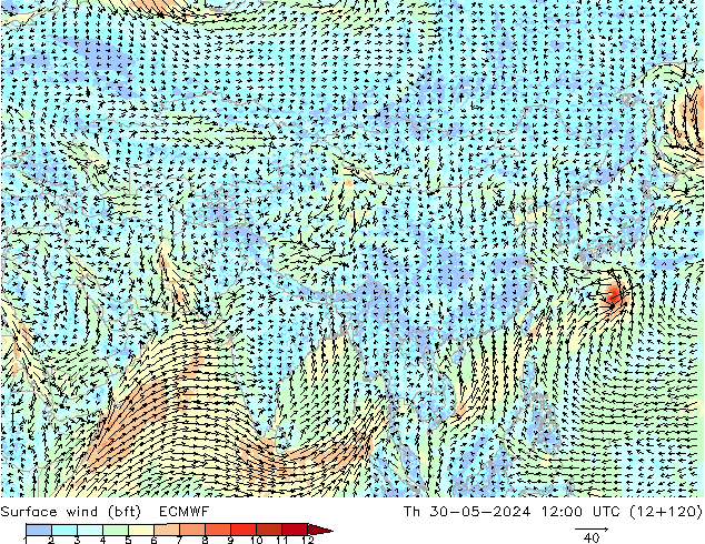 Surface wind (bft) ECMWF Čt 30.05.2024 12 UTC