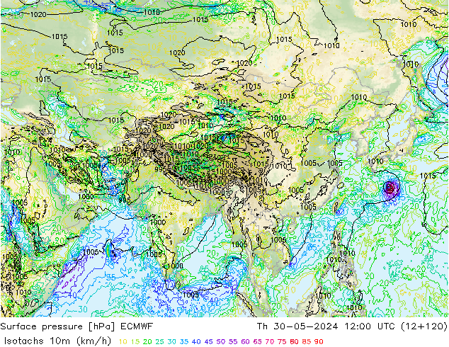 Isotachs (kph) ECMWF Th 30.05.2024 12 UTC