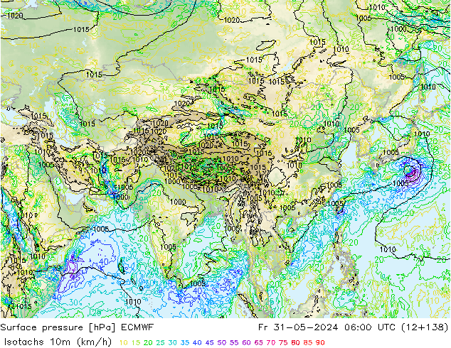 Isotaca (kph) ECMWF vie 31.05.2024 06 UTC