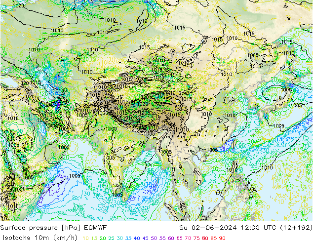 Isotachs (kph) ECMWF Su 02.06.2024 12 UTC