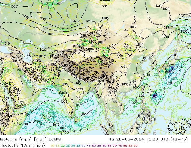 Isotachs (mph) ECMWF Út 28.05.2024 15 UTC