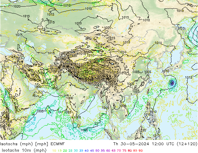 Isotachs (mph) ECMWF Čt 30.05.2024 12 UTC