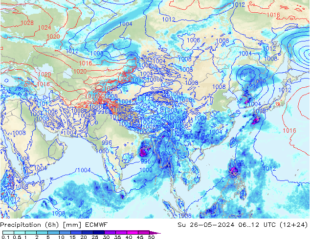 Precipitation (6h) ECMWF Su 26.05.2024 12 UTC