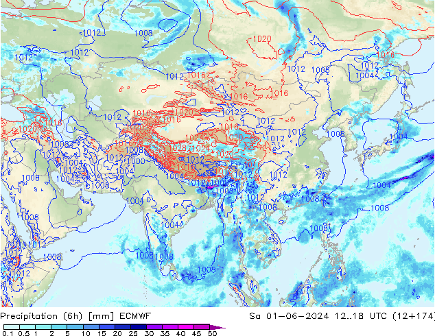 Precipitation (6h) ECMWF Sa 01.06.2024 18 UTC