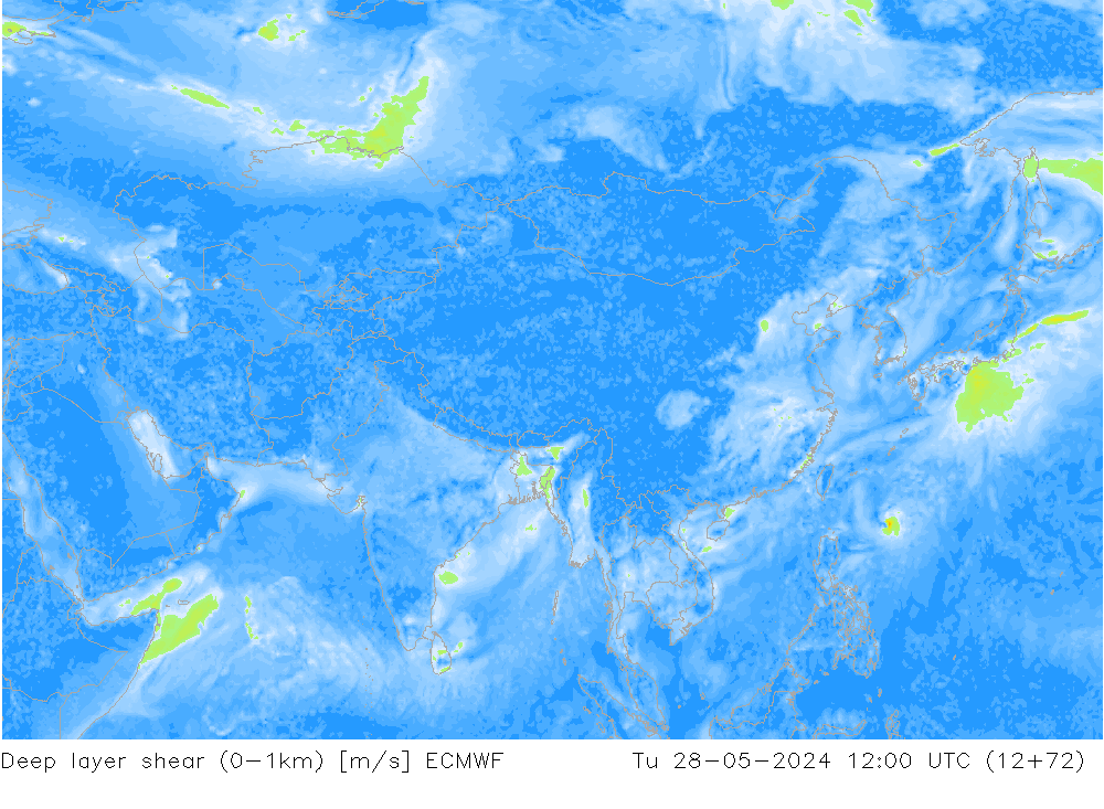 Deep layer shear (0-1km) ECMWF вт 28.05.2024 12 UTC