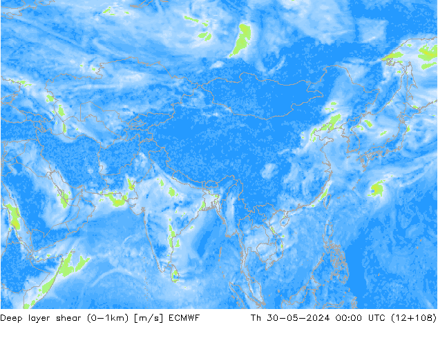 Deep layer shear (0-1km) ECMWF Th 30.05.2024 00 UTC