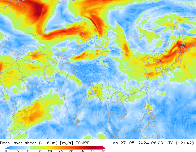 Deep layer shear (0-6km) ECMWF ma 27.05.2024 06 UTC