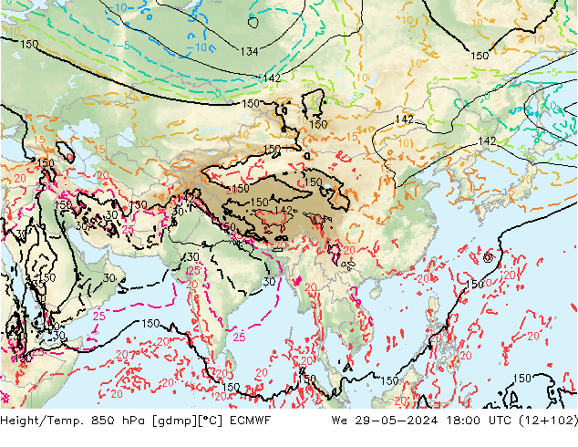 Height/Temp. 850 hPa ECMWF śro. 29.05.2024 18 UTC